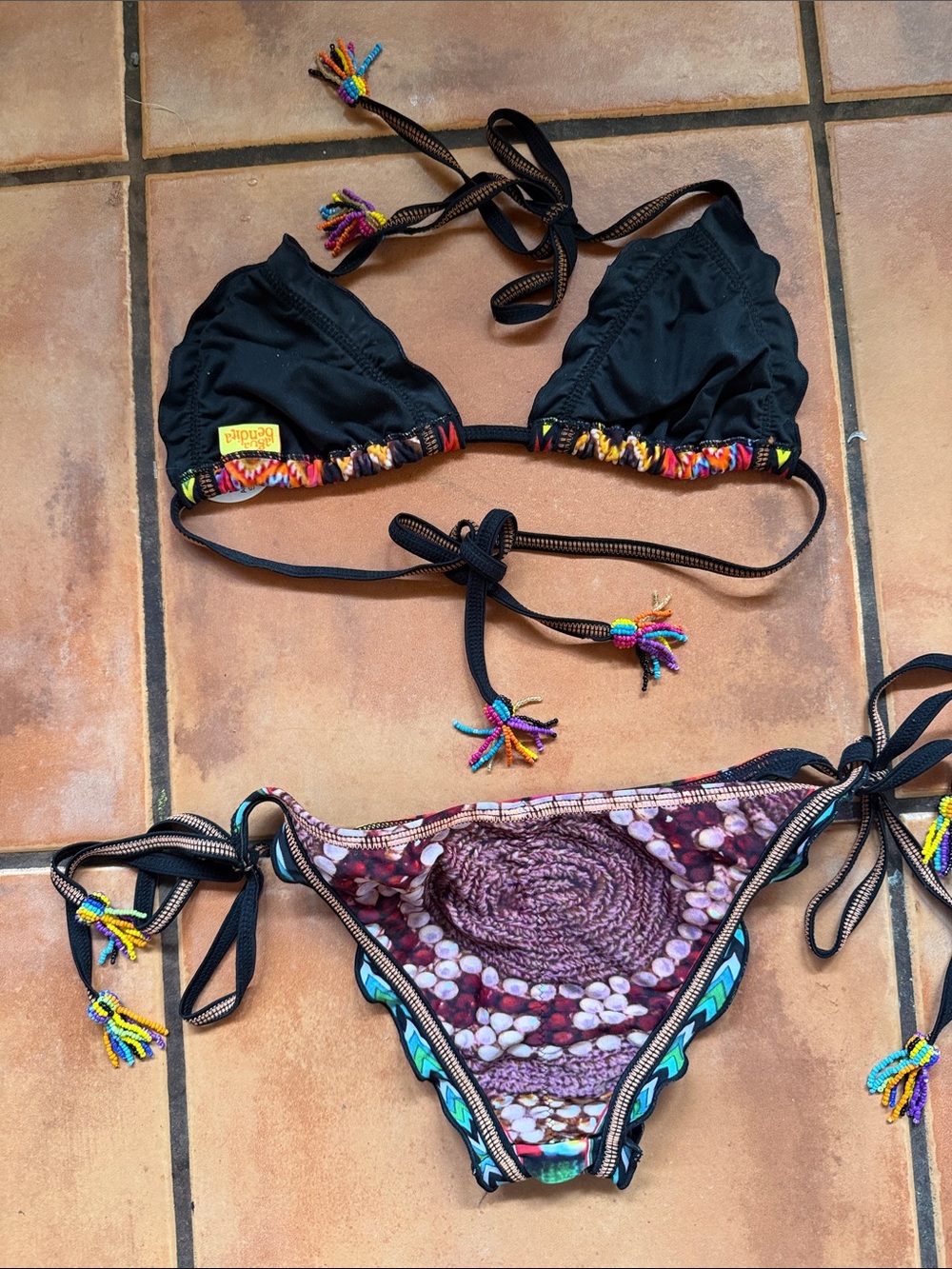 Agua Bendita Rainbow Beaded Triangle Bikini with black Trim - Picture 2 of 3